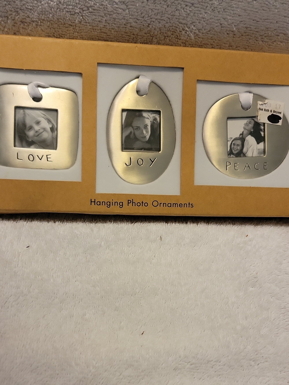 Meryl Waitz Silver Hanging Photo Ornaments - Love, Joy, Peace